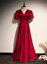 Burgundy Satin V-neck Puff Sleeve Backless Prom Dress